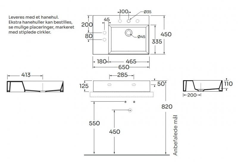 Lavabo Elegance SQ 65 L h&aring;ndvask t/v&aelig;g eller m&oslash;bel - 1 hanehul