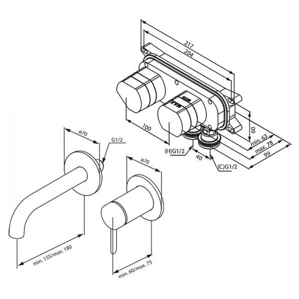 Damixa Iris komplet h&aring;ndvaskarmatur til indbygning - Mat sort