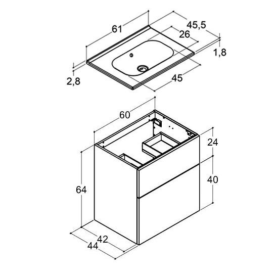 Dansani Luna 61 m&oslash;bels&aelig;t m/Kantate vask, h&oslash;j skuffe og indretning - Sort eg